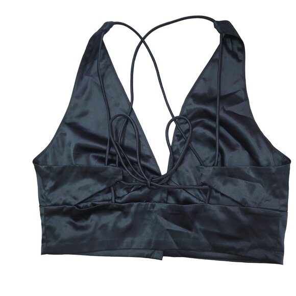Free People Back & Forth Brami Satin Black Crop Top haulter Cross-Back Straps S - Picture 9 of 10